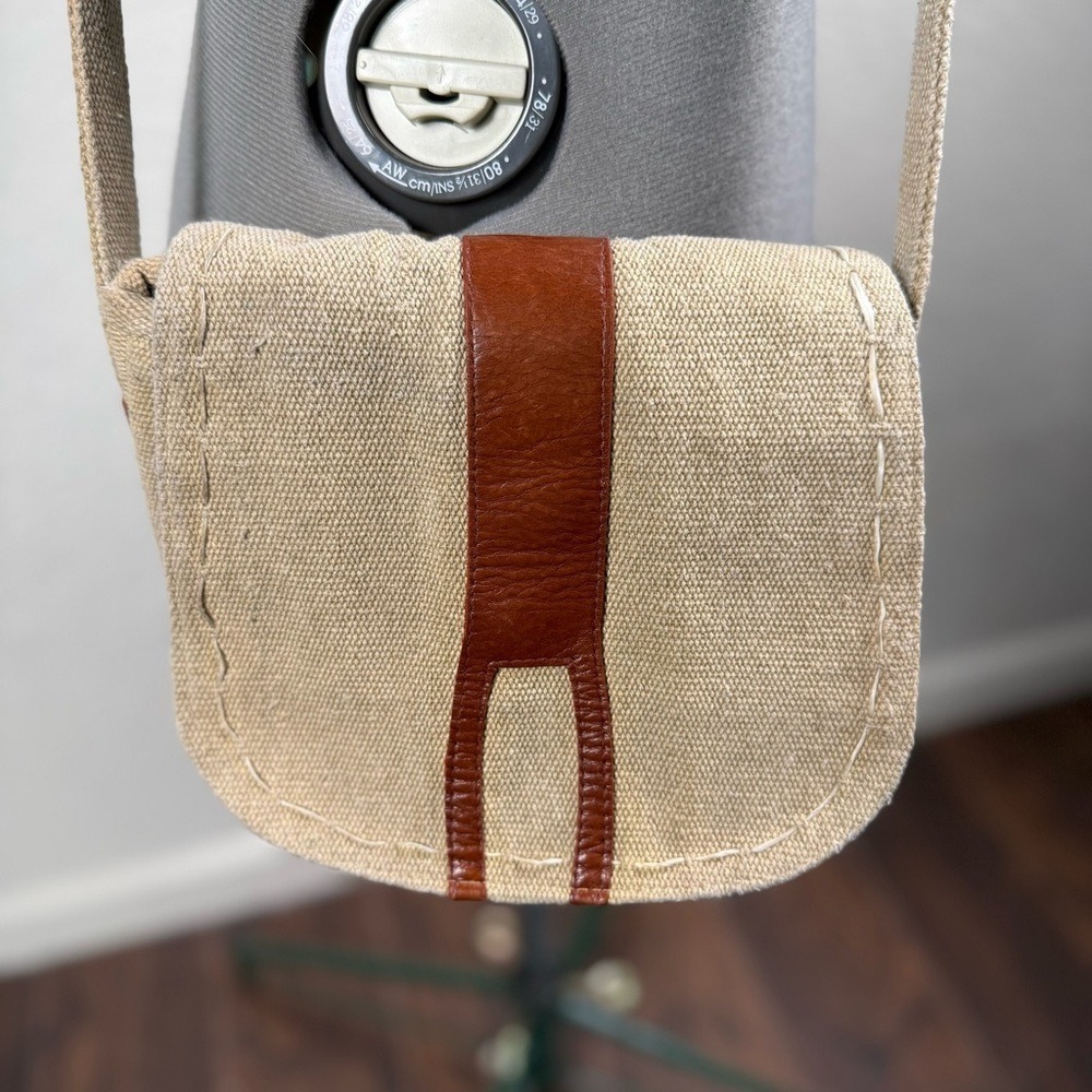 The Village Experience Tan Cotton Canvas Leather Trim Crossbody Bag - Picture 2 of 10